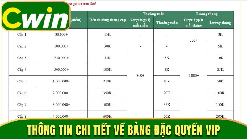 Thông tin chi tiết về bảng đặc quyền VIP